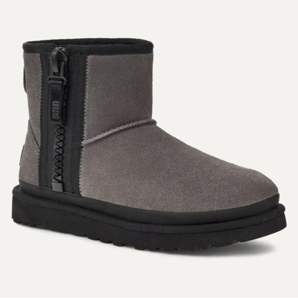 In Box UGG CLASSIC MINI ZIPPER TAPE LOGO CHARCOAL BLACK BOOTS